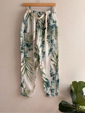 NWT Venti6 made in Italy linen pants floral leaf eucalyptus print small